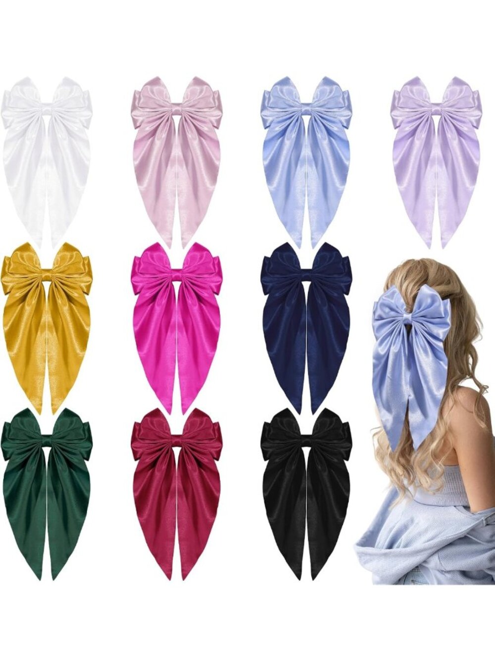 10 PCS Large Satin Hair Ribbon Barrettes with Long Tails - Vintage Bow Clips for